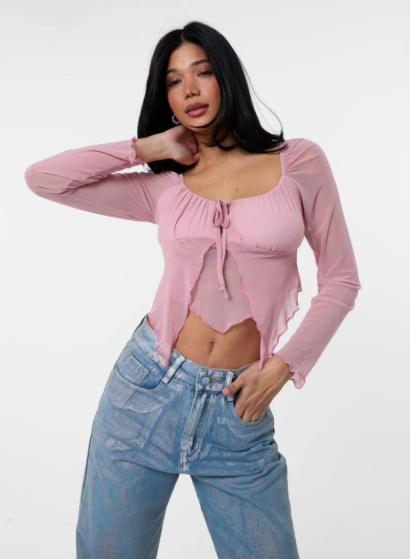 Pink Vanilla Long Sleeve Mesh Butterfly Top