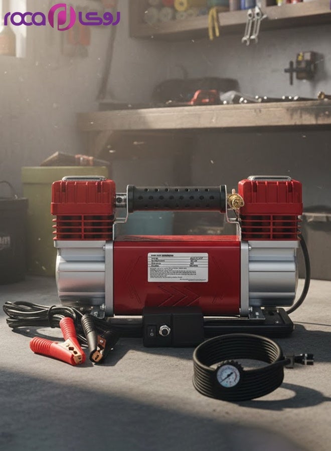 Roca Heavy Duty 12V Double Cylinder Air Compressor 150 PSI Portable Tyre Inflator Pump with Pressure Gauge, Battery Clip Connection, 5m Rubber Air Hose, for Car SUV 4x4 Pickup Motorcycle Bicycle and Sports Inflatables - Image 1