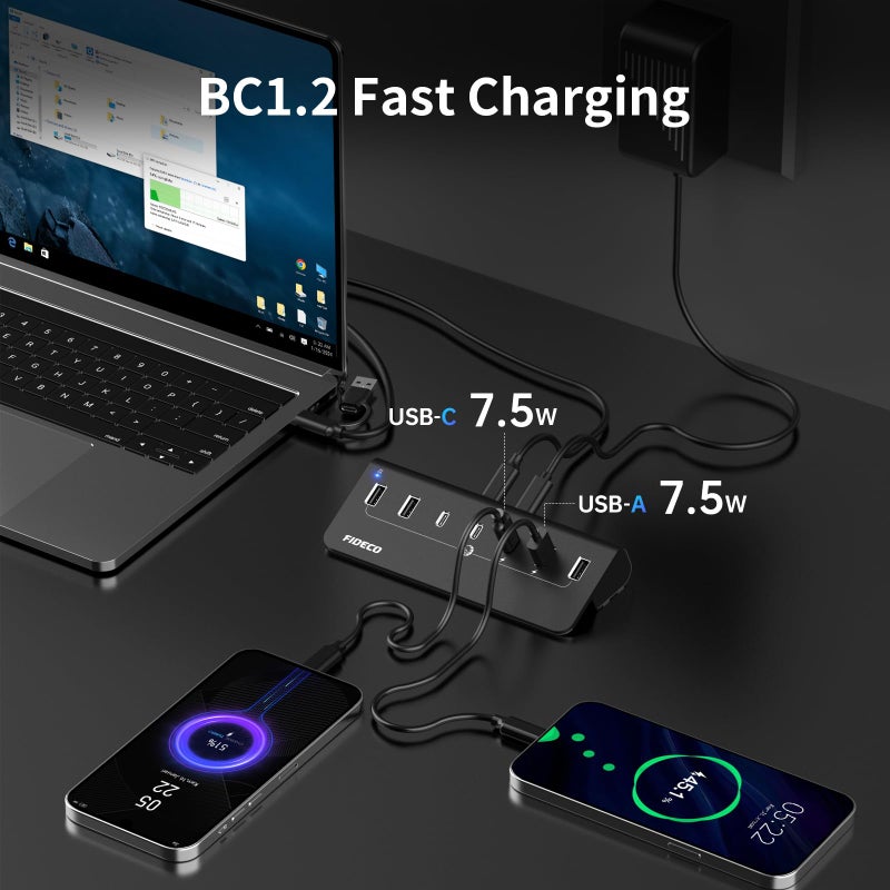 FIDECO Powered USB Hub, 7 Port 10Gbps Fast Data Hub for iPhone 16/15 and Laptop, Full Aluminum USB Splitter with 5V 3A Power Adapter, 4 USB A and 3 USB C Ports, Support BC1.2 Charging - Image 3