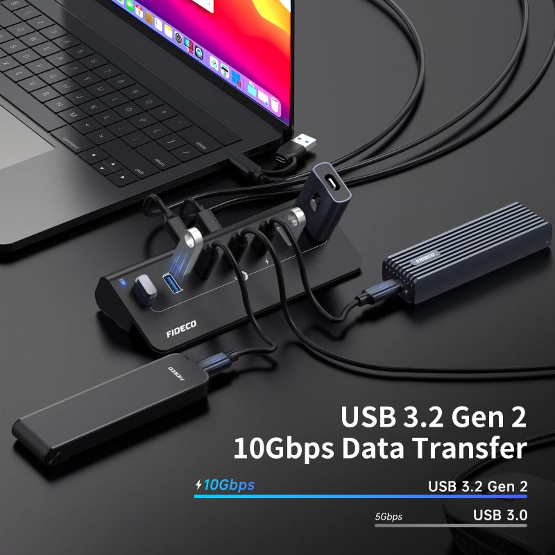 FIDECO Powered USB Hub, 7 Port 10Gbps Fast Data Hub for iPhone 16/15 and Laptop, Full Aluminum USB Splitter with 5V 3A Power Adapter, 4 USB A and 3 USB C Ports, Support BC1.2 Charging - Image 2