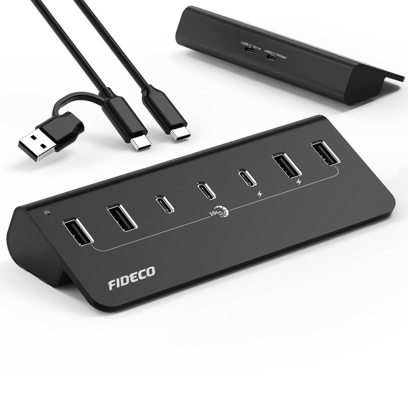 FIDECO Powered USB Hub, 7 Port 10Gbps Fast Data Hub for iPhone 16/15 and Laptop, Full Aluminum USB Splitter with 5V 3A Power Adapter, 4 USB A and 3 USB C Ports, Support BC1.2 Charging - Image 1