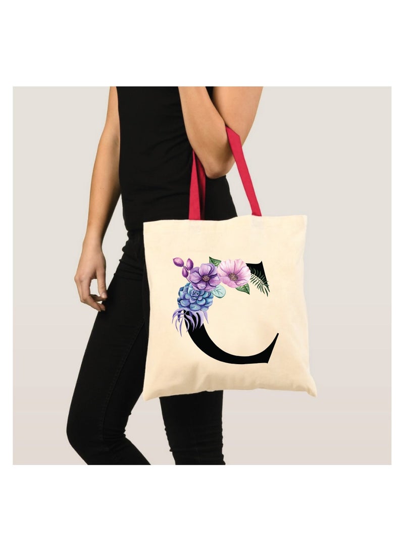 PRINTSHOP4ME Initial Letters Canvas Cotton Tote Bag With Red Handle-Ideal Gifts For Bridesmaids-Party Bag-Reusable Bags  - Image 3