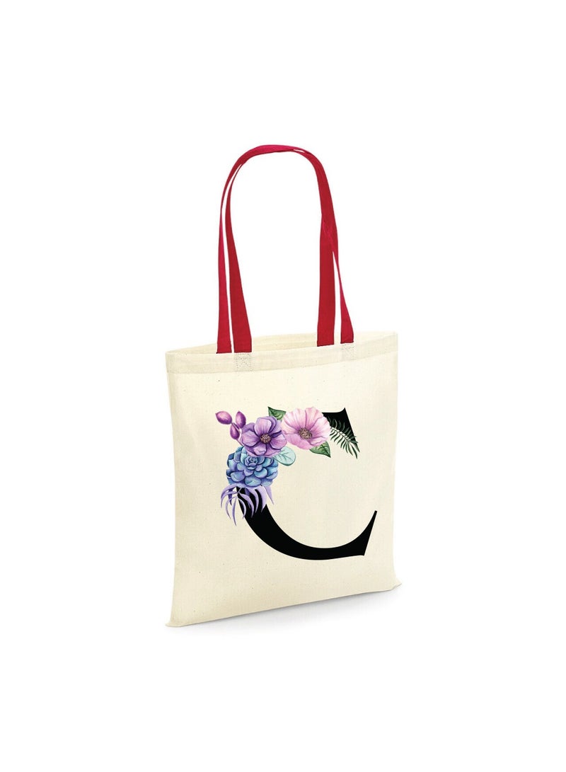 PRINTSHOP4ME Initial Letters Canvas Cotton Tote Bag With Red Handle-Ideal Gifts For Bridesmaids-Party Bag-Reusable Bags  - Image 1