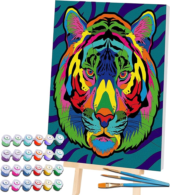 Splat Planet Tiger Painting by Numbers Framed, Fluorescent Neon Paint,Colouring by Numbers,Painting for Wall Art,Paint by Number Kits On Canvas, Painting by Numbers for Adults, Kids. 30x40cms