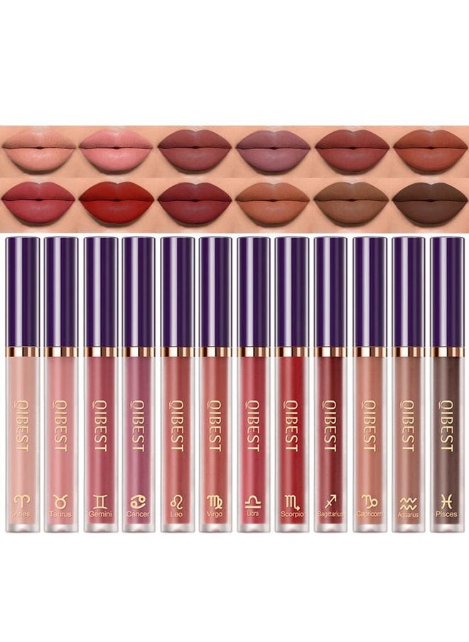 Bestland - 12Pcs Matte Lipstick Lip Makeup Kit, Velvety Liquid Lipstick Waterproof Long Lasting Durable Nude Zodiac Signs Lip Gloss Beauty Cosmetics Gift Box Makeup Set Kit (12 Piece Set) - Image 1