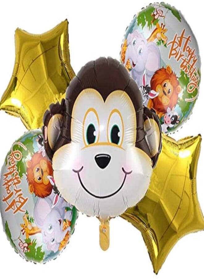 BookMyBalloons™ 5pcs Jungle Animal Forest Cartoon Animal Aluminum Film Balloon Set Star Happy Birthday Animal Ball Combination Kid's Birthday Party Decoration (Pack of 5 pcs,Monkey with Stars)