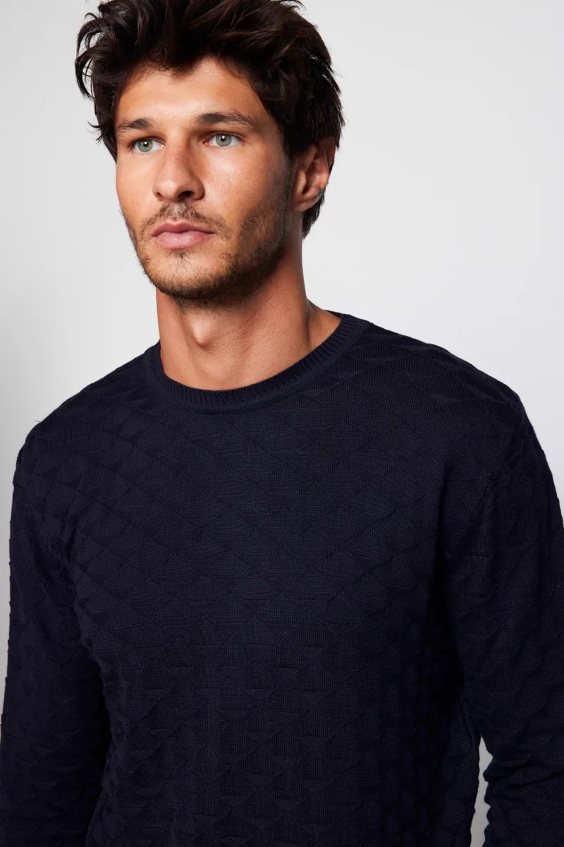 Tudors Classic Fit Relaxed Cut Crew Neck Patterned Men's Navy Blue Sweater