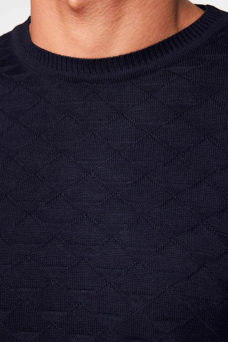 Tudors Classic Fit Relaxed Cut Crew Neck Patterned Men's Navy Blue Sweater