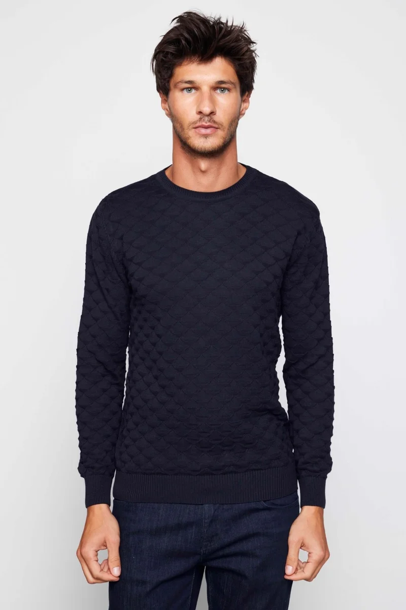 Tudors Classic Fit Relaxed Cut Crew Neck Patterned Men's Navy Blue Sweater