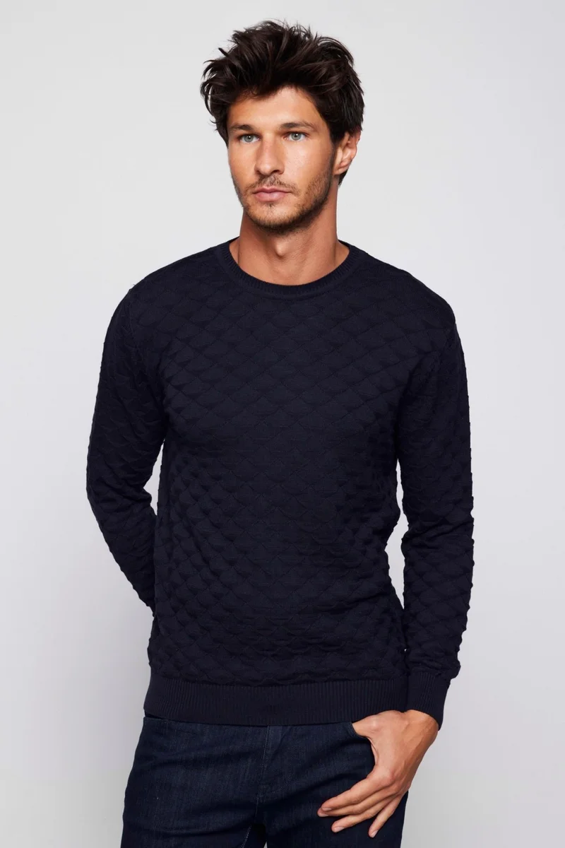 Tudors Classic Fit Relaxed Cut Crew Neck Patterned Men's Navy Blue Sweater