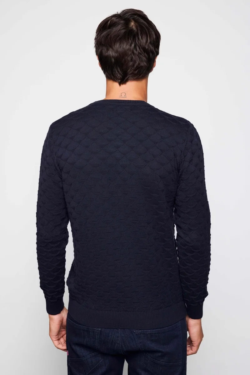 Tudors Classic Fit Relaxed Cut Crew Neck Patterned Men's Navy Blue Sweater