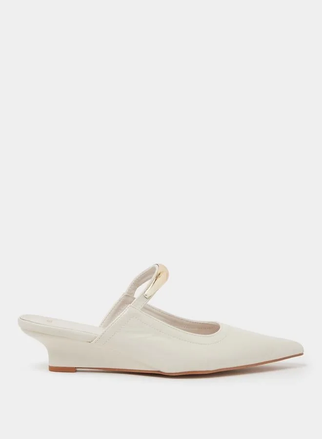 Styli Beige Pointed-Toe Metal Strap Mules