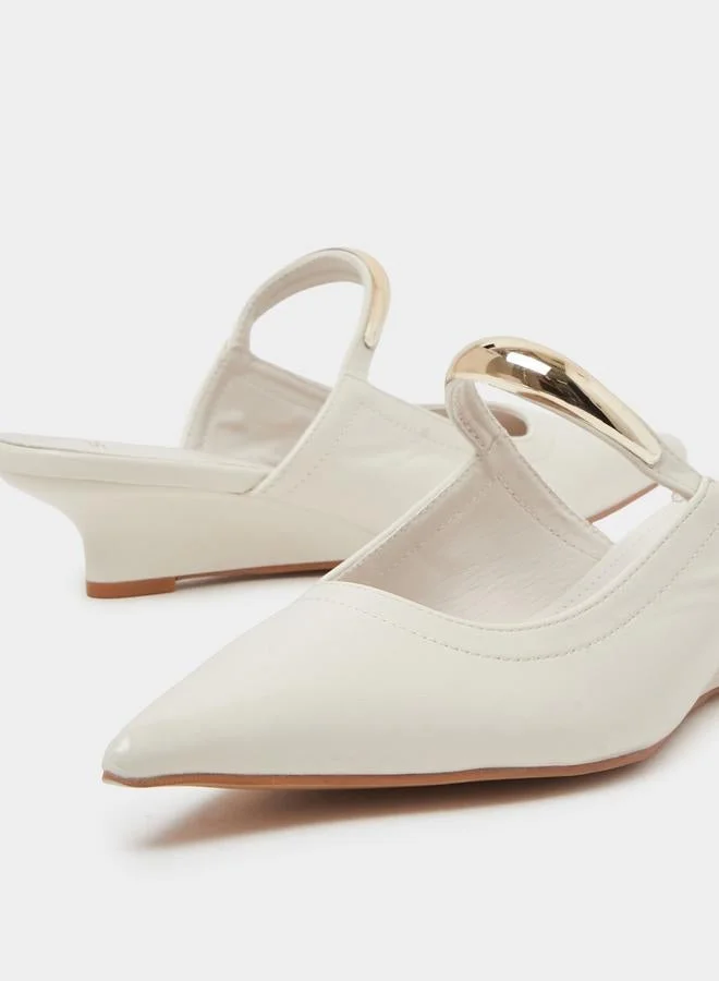 Styli Beige Pointed-Toe Metal Strap Mules