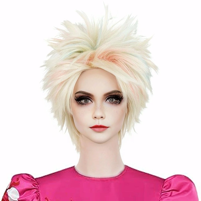 Aicos Short Blonde mix Light Blue Pink Cosplay Wig for Women Costume Halloween Party Fluffy Spiky Weird Colored Movie Wigs with BandanaWig Cap