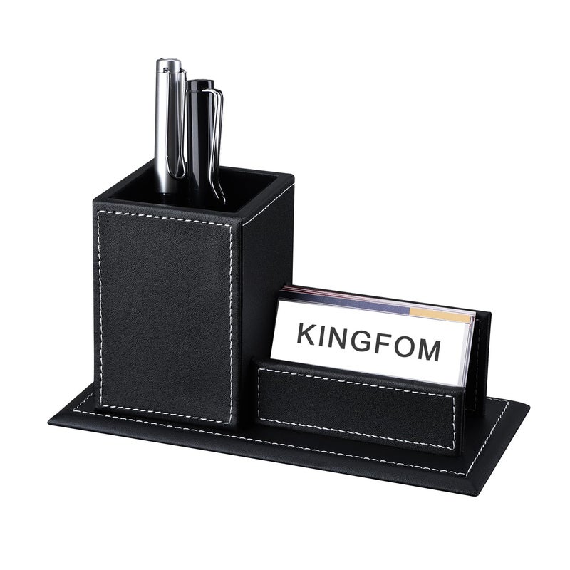 KINGFOM PU Leather Desk Organizer and Accessories Pencil Holder for Desk with Business Cards Stand School Office Supplies Collection Caddy Black - Image 2
