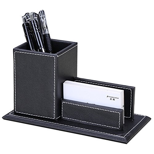 KINGFOM PU Leather Desk Organizer and Accessories Pencil Holder for Desk with Business Cards Stand School Office Supplies Collection Caddy Black - Image 3