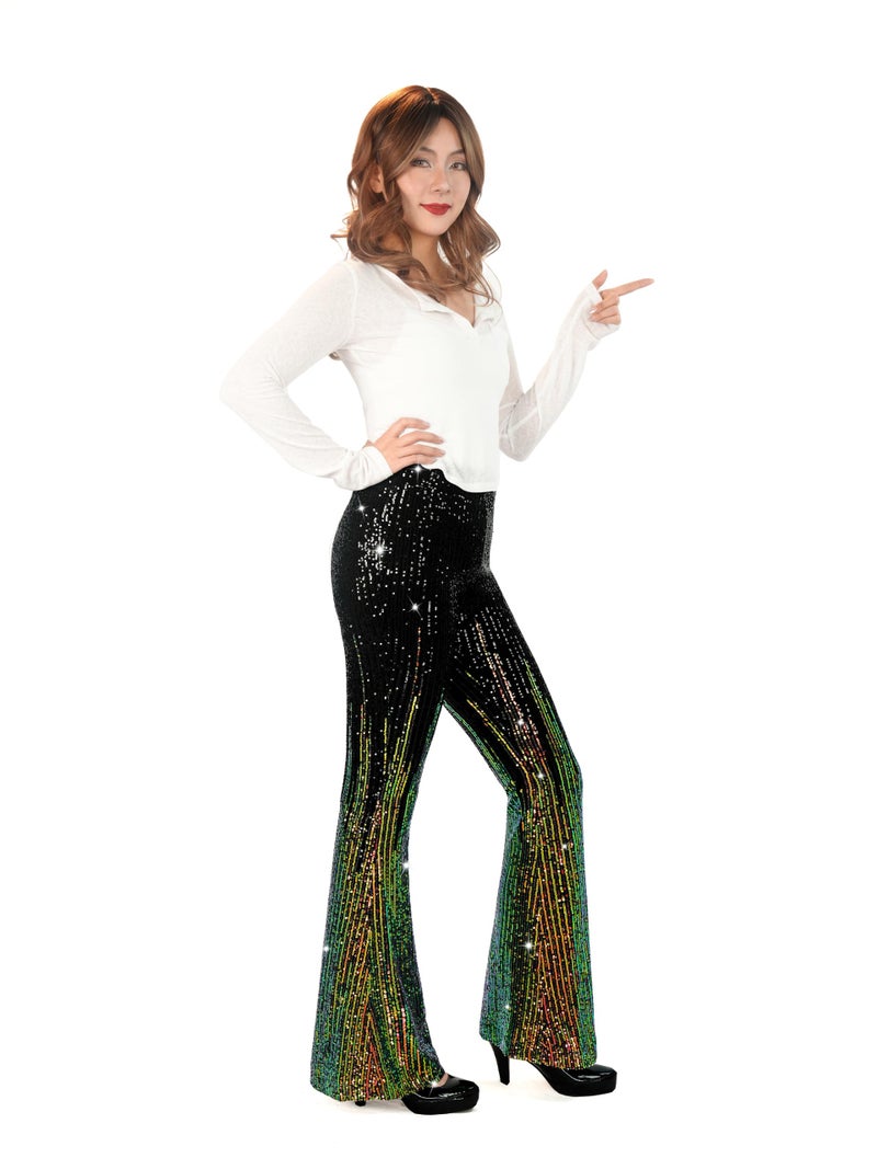 Nawgut Sequin Flare Pants Sparkly Glitter High Waisted Bell Bottom Trousers Disco Party Clubwear for Women-XX-Large - Image 4