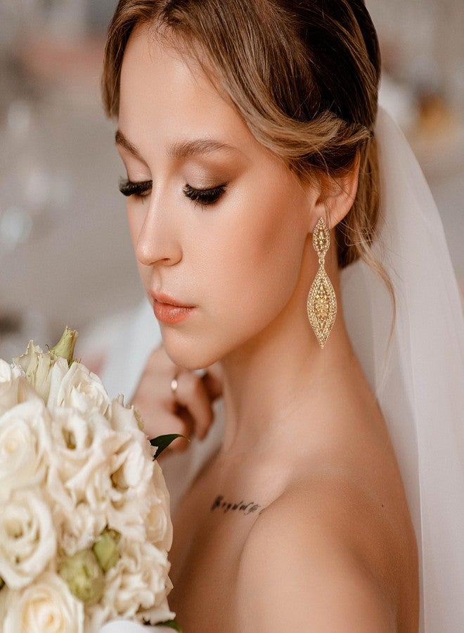 Sanfenly Gold Clip On Earrings Women Dangle, Large Long Dangling Non Pierced Earrings Elegant Formal Big Bling Rhinestone Crystal Simulated Diamond Clip Earrings for Women Non Pierced Ears - Image 3