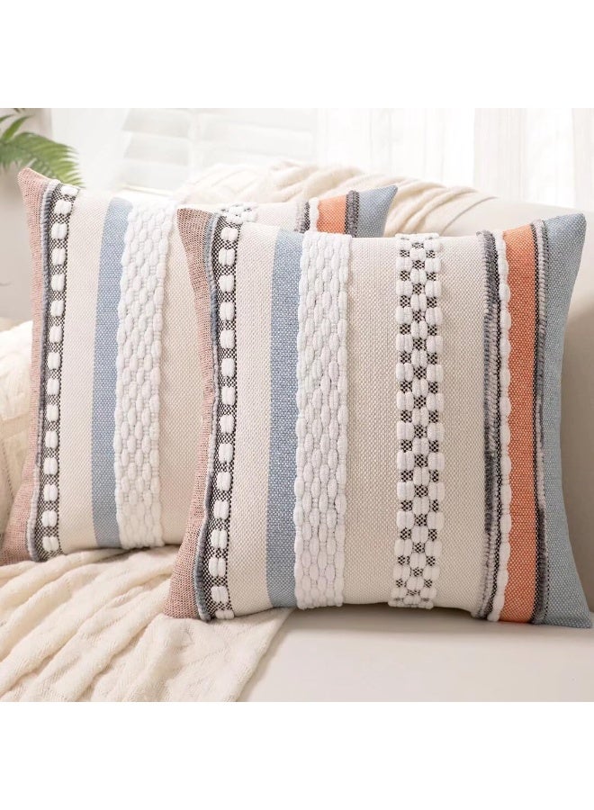 كيلا أغطية وسائد بوهيمية مقاس 18x18، طقم من قطعتين، غطاء وسادة مزخرف بنمط ريفي، أغطية وسائد مربعة مخططة، أغطية وسائد من الشانيل، غطاء وسادة محايد اللون للأريكة والسرير، برتقالي-أزرق - Image 1