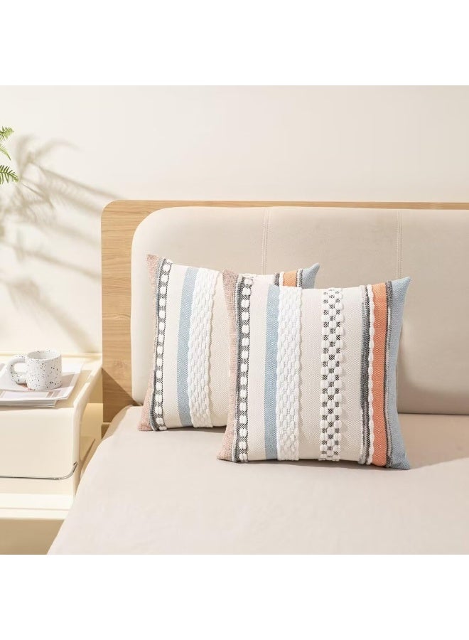 كيلا أغطية وسائد بوهيمية مقاس 18x18، طقم من قطعتين، غطاء وسادة مزخرف بنمط ريفي، أغطية وسائد مربعة مخططة، أغطية وسائد من الشانيل، غطاء وسادة محايد اللون للأريكة والسرير، برتقالي-أزرق - Image 2