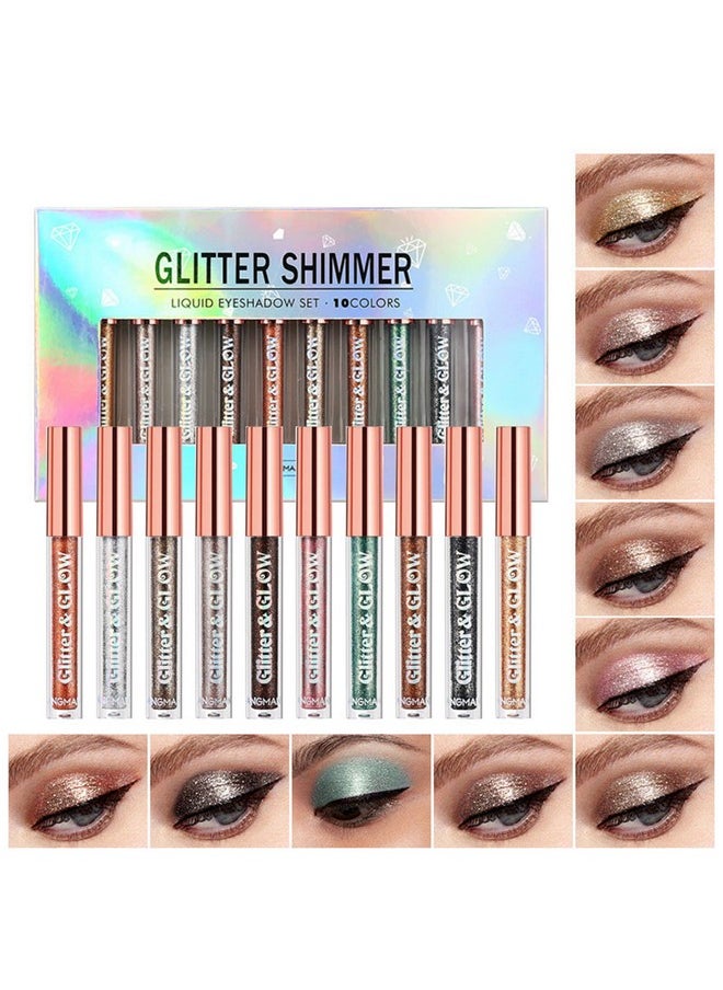 Bestland BestLand 10 Colors Liquid Glitter Eyeshadow Set, Metallic Glitter Shimmer Naked Smokey Eye Looks Waterproof Long Lasting Quick-Drying Sparkling Eye Shadow Christmas Makeup Kits  - Image 1