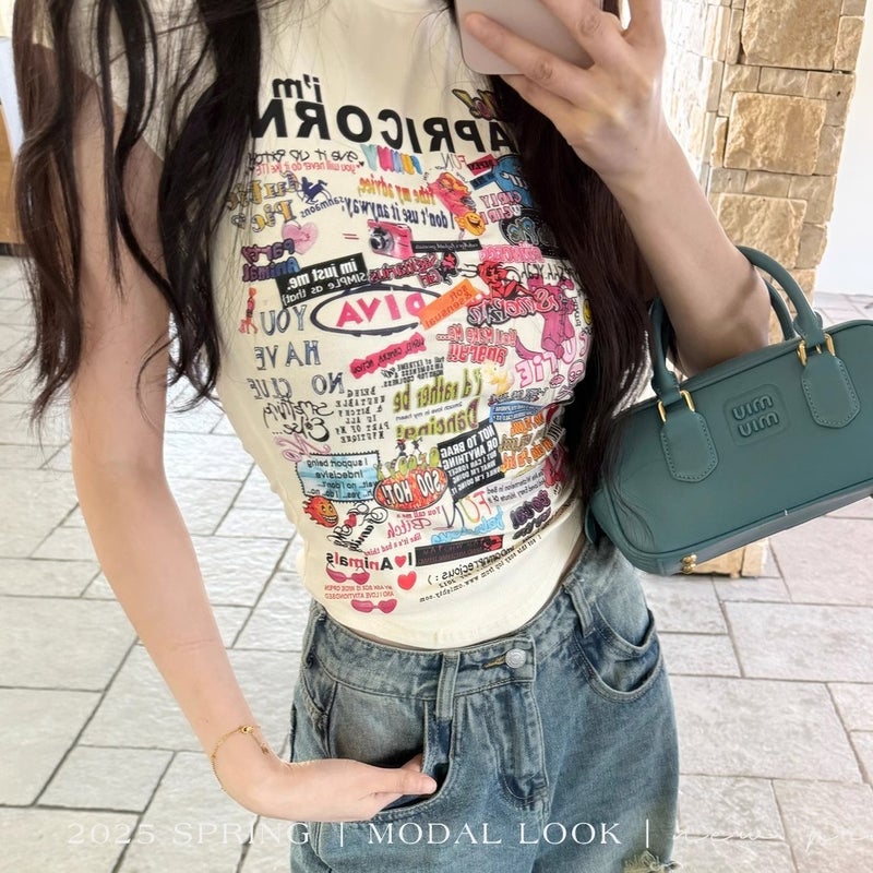 [Offset Printing And Elastic Without Cracking] Cartoon Printed Short-Sleeved Right Shoulder T-Shirt For Women Summer Slim Waist Short Top - Image 2