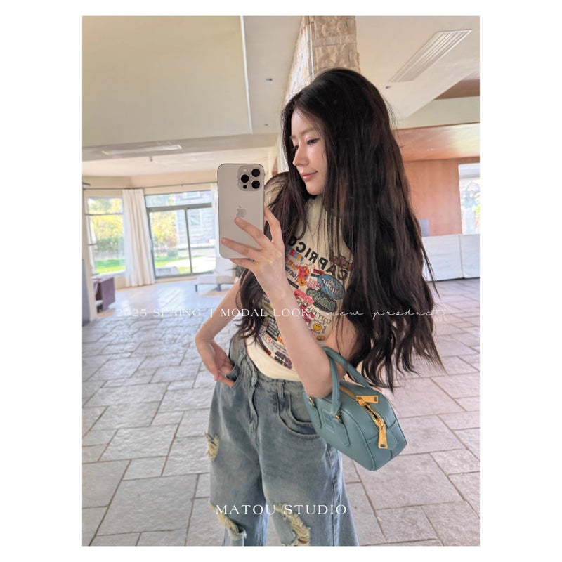 [Offset Printing And Elastic Without Cracking] Cartoon Printed Short-Sleeved Right Shoulder T-Shirt For Women Summer Slim Waist Short Top - Image 4