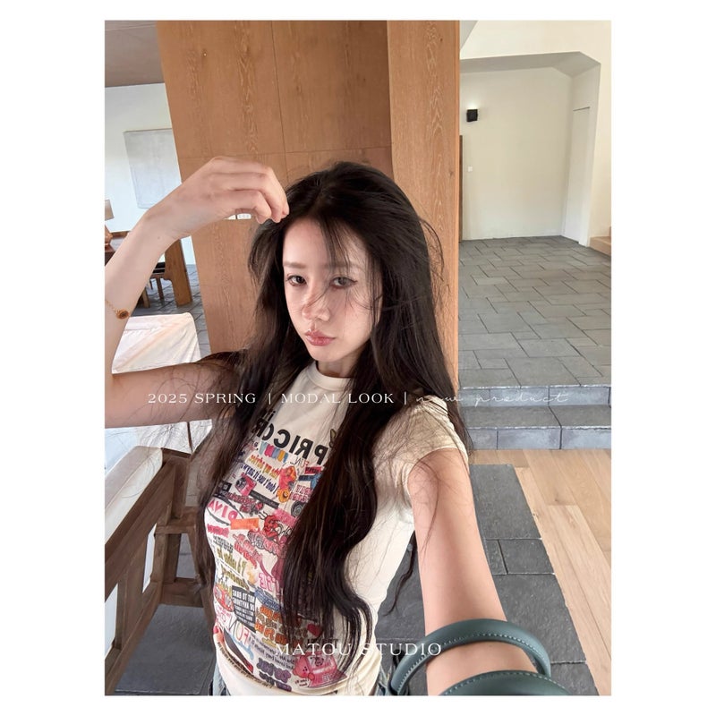 [Offset Printing And Elastic Without Cracking] Cartoon Printed Short-Sleeved Right Shoulder T-Shirt For Women Summer Slim Waist Short Top - Image 5