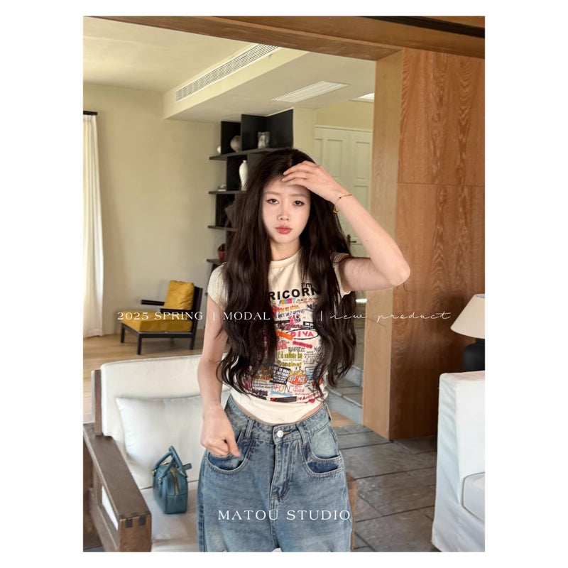 [Offset Printing And Elastic Without Cracking] Cartoon Printed Short-Sleeved Right Shoulder T-Shirt For Women Summer Slim Waist Short Top - Image 3