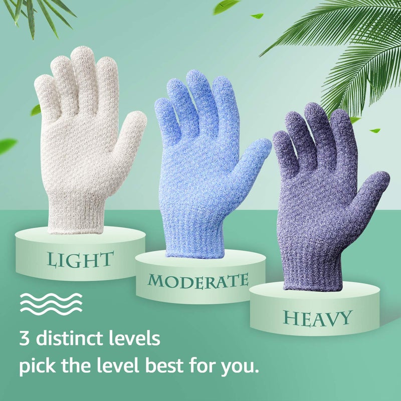 Evridwear قفاز إيفريد وير لتقشير البشرة للرجال والنساء، قفازات فرك الجسم ذات ملمسين لإزالة خلايا الجلد الميتة لمنتجع صحي منزلي، تدليك، مع حلقة للتعليق (3 قفازات وليس 3 أزواج) - Image 1