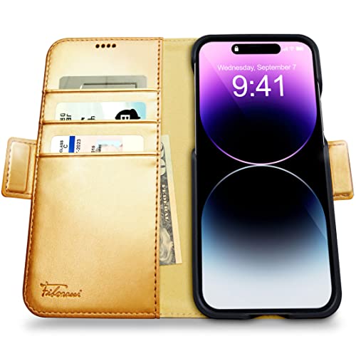 Dreem Fibonacci Wallet Case for iPhone 14 Pro | 2-in-1 Detachable Vegan Leather Cover with Built-in Kick-Stand, RFID Blocking Card Holder, MagSafe Compatible [Gold] - Image 2
