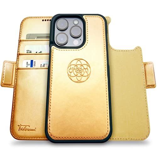 Dreem Fibonacci Wallet Case for iPhone 14 Pro | 2-in-1 Detachable Vegan Leather Cover with Built-in Kick-Stand, RFID Blocking Card Holder, MagSafe Compatible [Gold] - Image 1