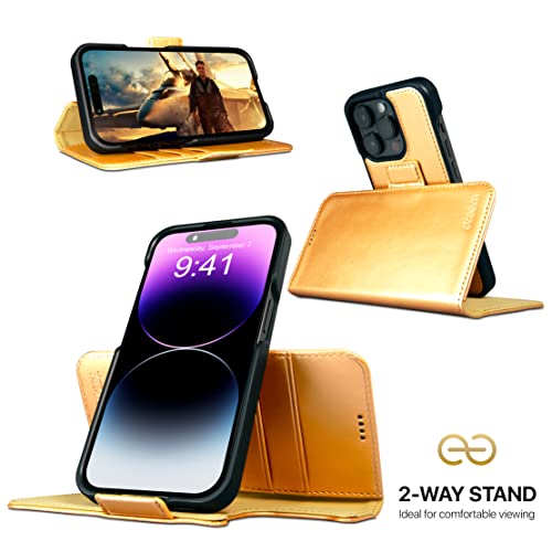 Dreem Fibonacci Wallet Case for iPhone 14 Pro | 2-in-1 Detachable Vegan Leather Cover with Built-in Kick-Stand, RFID Blocking Card Holder, MagSafe Compatible [Gold] - Image 3