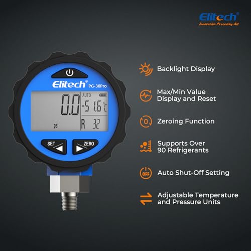 Elitech مقياس ضغط رقمي للتبريد HVAC Elitech PG-30Pro الأزرق -14.5-500 PSI 1/8'' NPT - Image 2