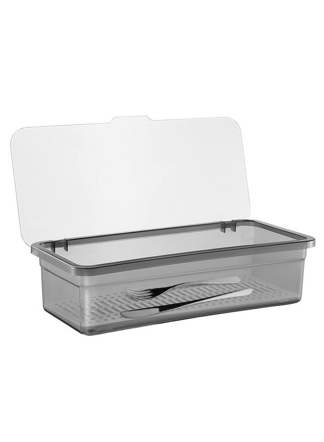 DOITOOL Flatware Tray with Lid and Drainer Kitchen Drawer Organizer, Kitchen Cutlery Tray and Utensil Drawer Organizer with Cover, Countertop Silverware Storage Container, 2.8x10x3.9 - Image 1