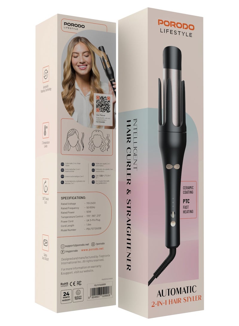 porodo Automatic 2-in-1 Hair Styler/ Intelligent Hair Curler & Straightener with Automatic Rotating Technology/3 Temperature Levels, Ceramic Coating & PTC Fast Heating / Intelligent Hair Styler - Black - Image 5