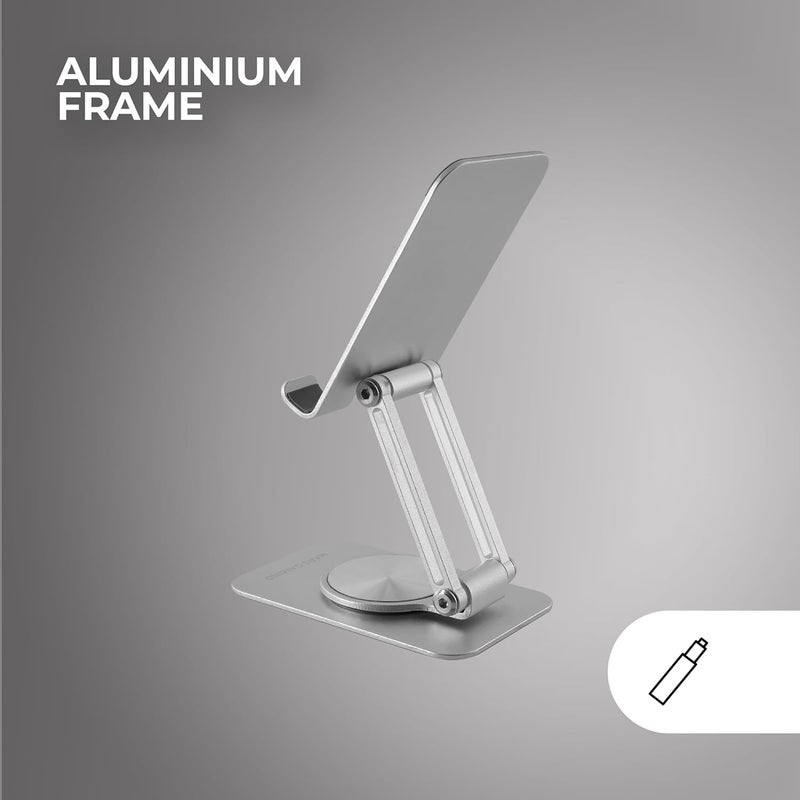 MARS GAMING MA-RSS, Foldable Smartphone Stand, 360° Dynamic Rotation + 180° Height and Angle Setting, Aluminum Mobile Phone Stand, Non-slip, Silver Gray - Image 5