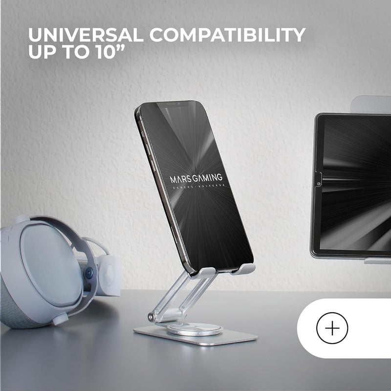 MARS GAMING MA-RSS, Foldable Smartphone Stand, 360° Dynamic Rotation + 180° Height and Angle Setting, Aluminum Mobile Phone Stand, Non-slip, Silver Gray - Image 4