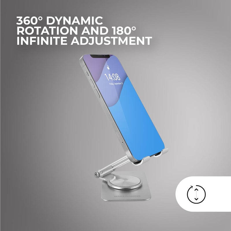 MARS GAMING MA-RSS, Foldable Smartphone Stand, 360° Dynamic Rotation + 180° Height and Angle Setting, Aluminum Mobile Phone Stand, Non-slip, Silver Gray - Image 3