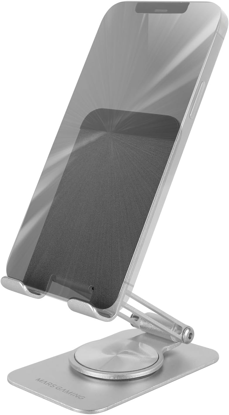 MARS GAMING MA-RSS, Foldable Smartphone Stand, 360° Dynamic Rotation + 180° Height and Angle Setting, Aluminum Mobile Phone Stand, Non-slip, Silver Gray - Image 1