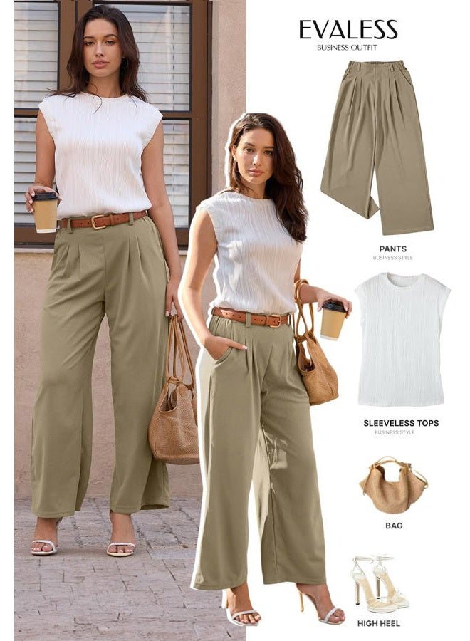 EVALESS Women's Wide Leg Pants Elastic High Waisted Waffle Knit Casual Palazzo Pants Trousers with Pockets, Taupe, X-Large - Image 4