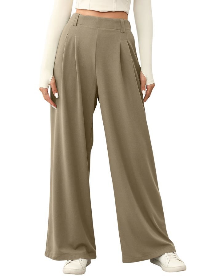 EVALESS Women's Wide Leg Pants Elastic High Waisted Waffle Knit Casual Palazzo Pants Trousers with Pockets, Taupe, X-Large - Image 1