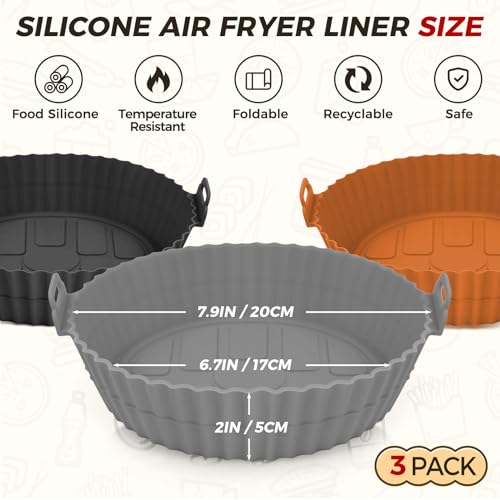 Buauty Beauty 3 Pack Air Fryer Liners - 8 Inch Silicone Pot, Reusable Food Grade, Baking Basket Accessories, Replacement for Flammable Disposable Parchment Paper - Image 2