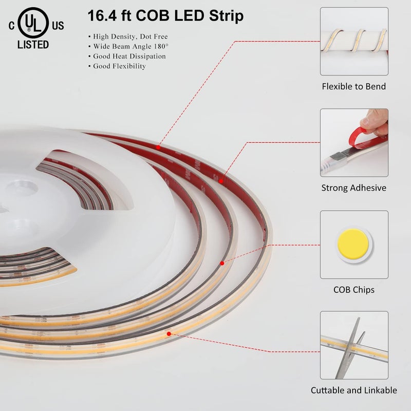 أضواء شريط COB LED معتمد من UL، 16.4 أقدام/5 متر 3000K مقاوم للماء IP67، 528 LED/متر 24V أضواء حبل LED، شريط لاصق 3M مرن لديكور الإضاءة الداخلية والخارجية (لا يشمل مصدر الطاقة) - Image 4