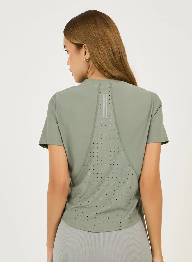 Styli Lasercut & Back Reflective Stripe Detail Short Sleeves Top