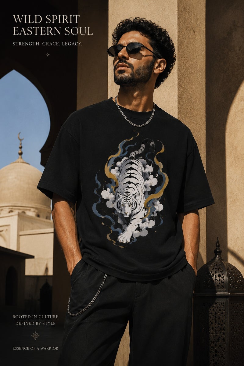 Men's Oversized Black Tiger Graphic T-Shirt Casual Short Sleeve Crew Neck Streetwear Tee - Image 5