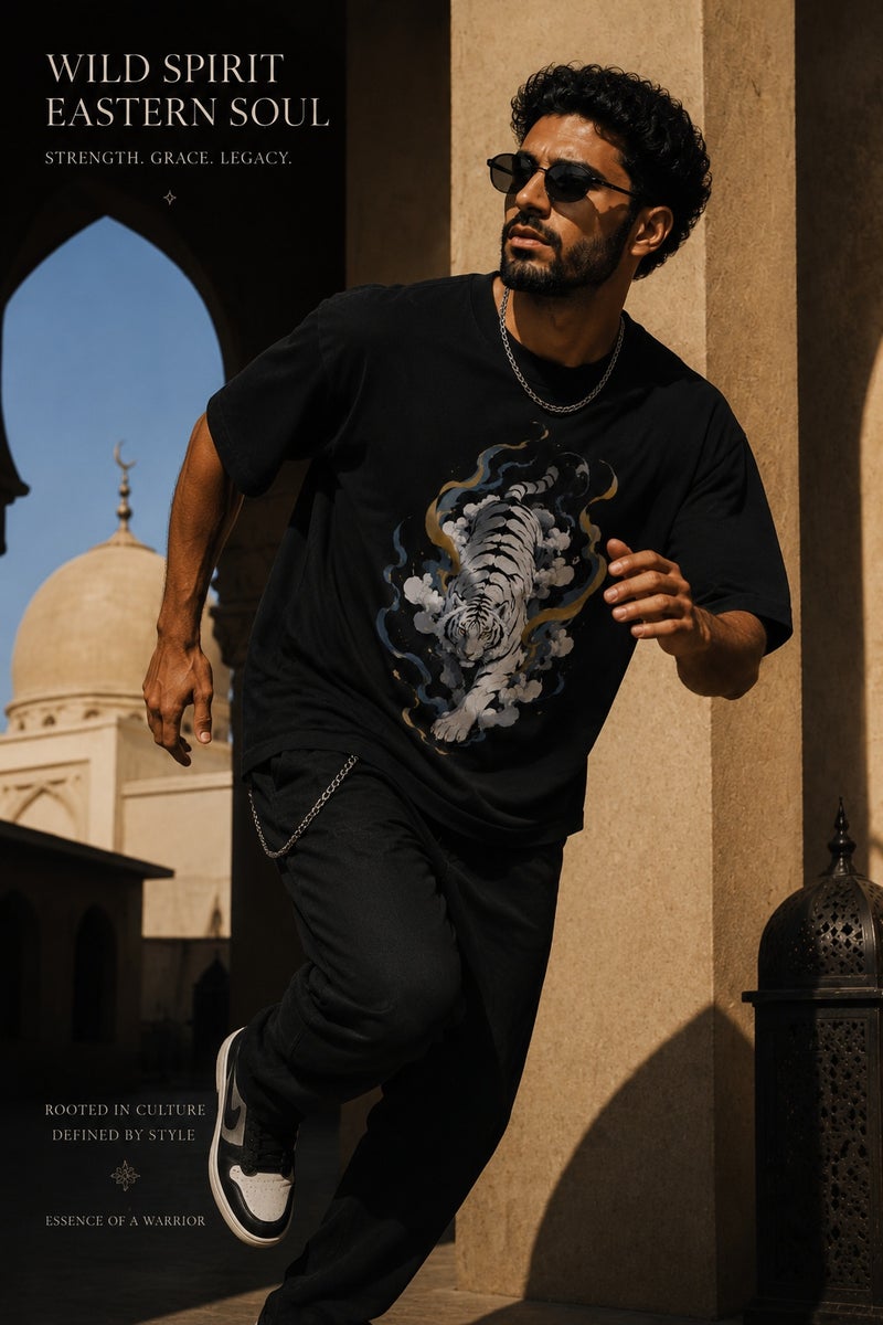 Men's Oversized Black Tiger Graphic T-Shirt Casual Short Sleeve Crew Neck Streetwear Tee - Image 3