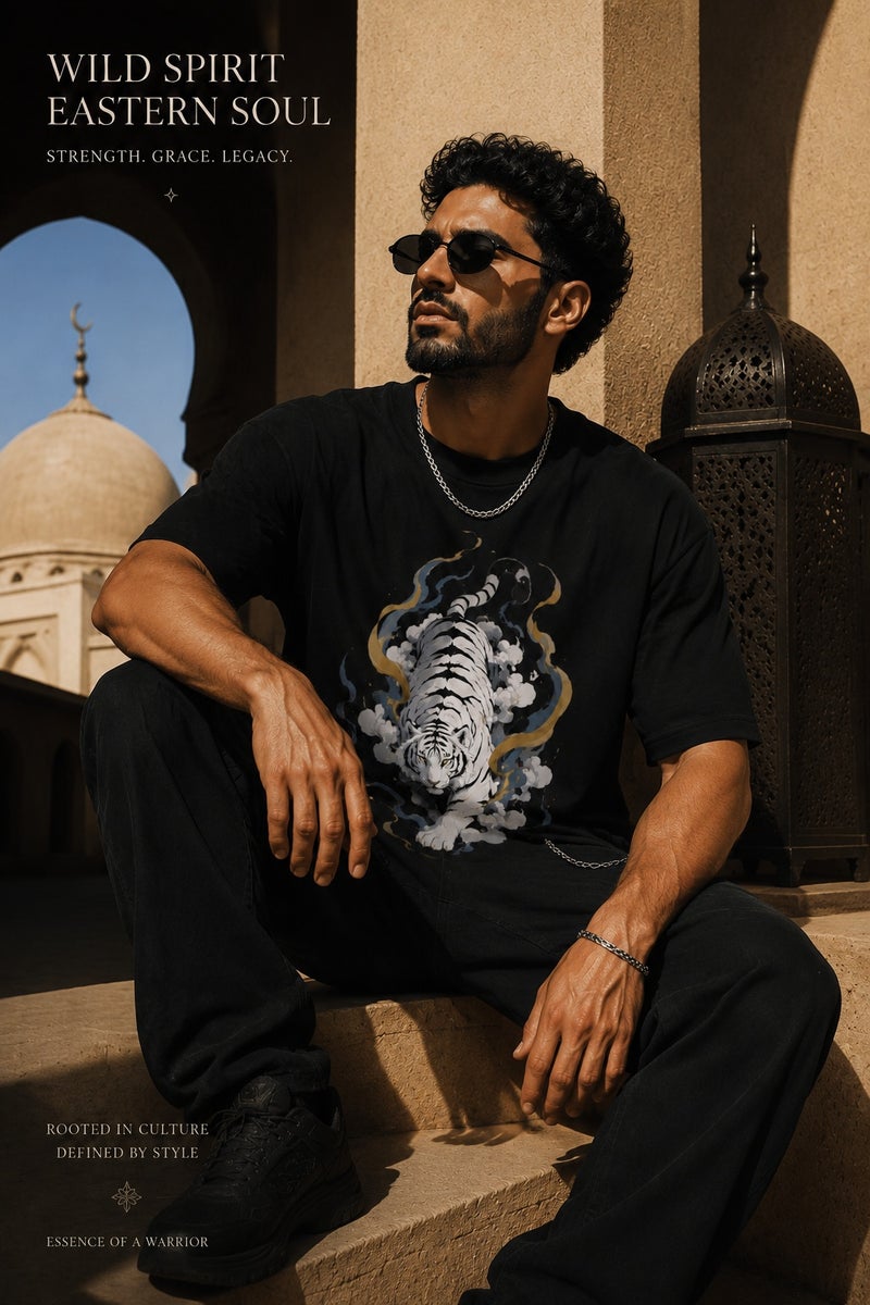 Men's Oversized Black Tiger Graphic T-Shirt Casual Short Sleeve Crew Neck Streetwear Tee - Image 4