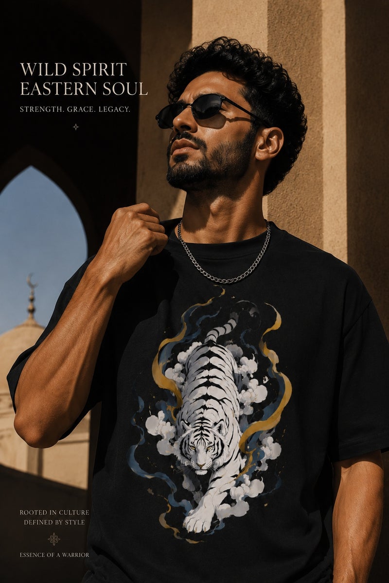 Men's Oversized Black Tiger Graphic T-Shirt Casual Short Sleeve Crew Neck Streetwear Tee - Image 1