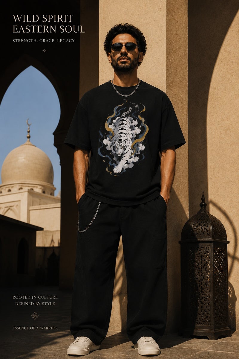 Men's Oversized Black Tiger Graphic T-Shirt Casual Short Sleeve Crew Neck Streetwear Tee - Image 2